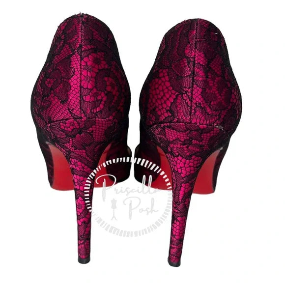 Christian Louboutin Fuchsia Pink With Black Lace Overlay Pointed Toe Satin 38
