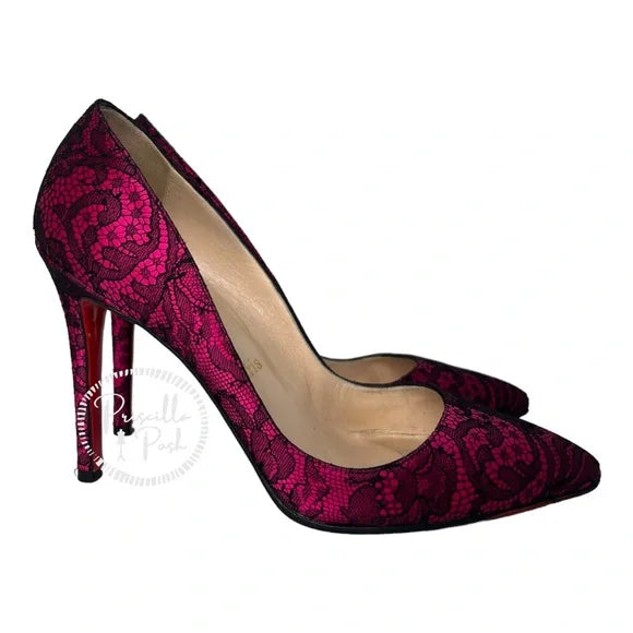 Christian Louboutin Fuchsia Pink With Black Lace Overlay Pointed Toe Satin 38
