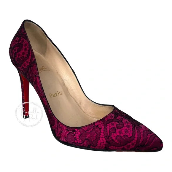 Christian Louboutin Fuchsia Pink With Black Lace Overlay Pointed Toe Satin 38