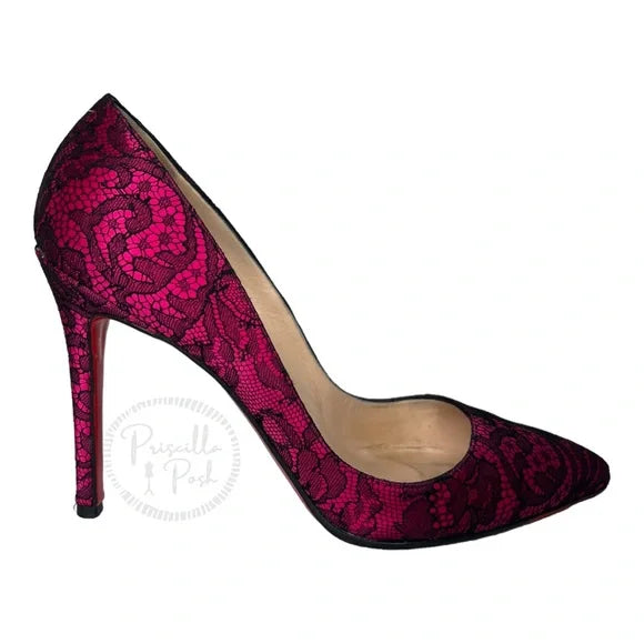 Christian Louboutin Fuchsia Pink With Black Lace Overlay Pointed Toe Satin 38