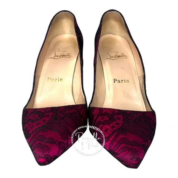 Christian Louboutin Fuchsia Pink With Black Lace Overlay Pointed Toe Satin 38