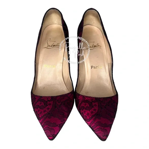 Christian Louboutin Fuchsia Pink With Black Lace Overlay Pointed Toe Satin 38