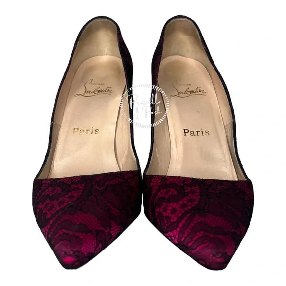 Christian Louboutin Fuchsia Pink With Black Lace Overlay Pointed Toe Satin 38