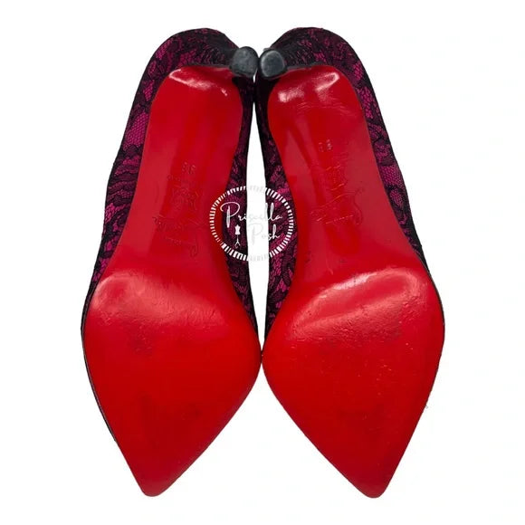 Christian Louboutin Fuchsia Pink With Black Lace Overlay Pointed Toe Satin 38