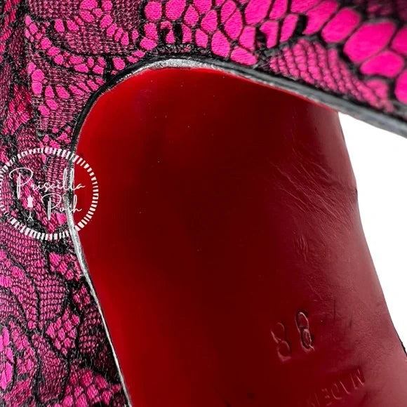 Christian Louboutin Fuchsia Pink With Black Lace Overlay Pointed Toe Satin 38