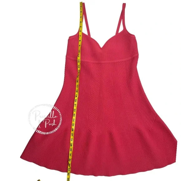 NWT Herve Leger Sweetheart Ribbed Fit and Flare Dress Fluted Hem Pink Burnt Rose