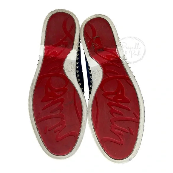Christian Louboutin Blue Suede Silver Spike Studded Loafers Boat Shoes Oxfords 37.5