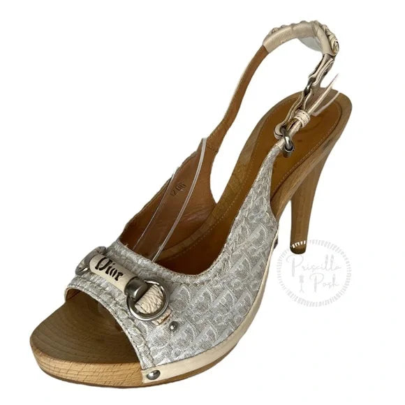 Dior Horsebit Logo Platform Sling Back Open Toe Sandals 38 Canvas Gold