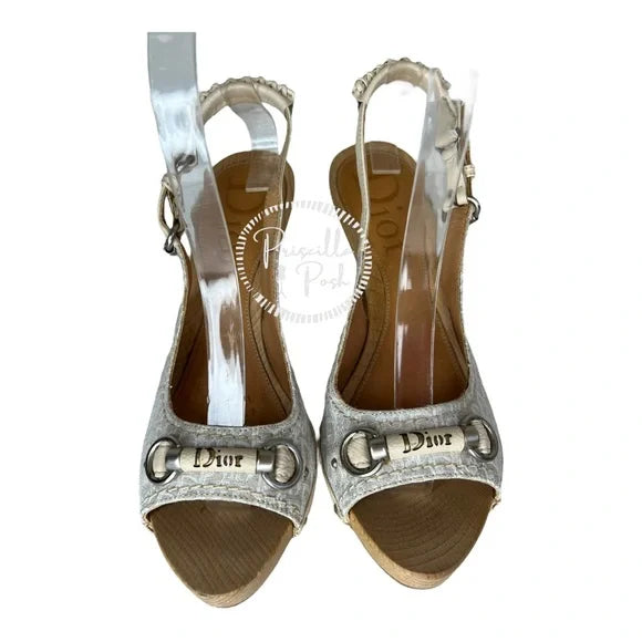 Dior Horsebit Logo Platform Sling Back Open Toe Sandals 38 Canvas Gold