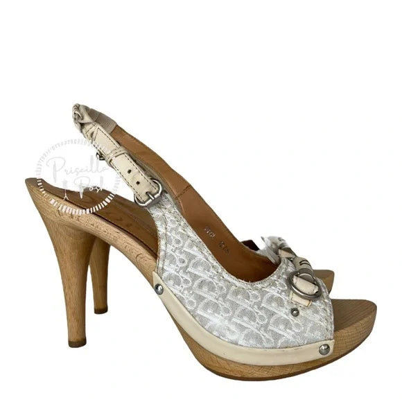 Dior Horsebit Logo Platform Sling Back Open Toe Sandals 38 Canvas Gold