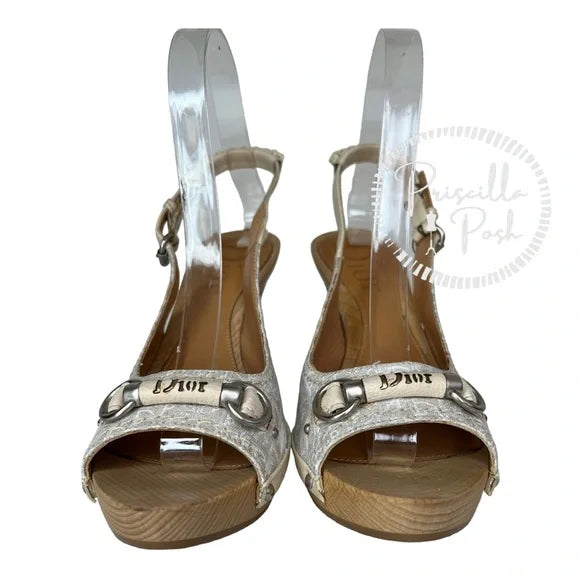 Dior Horsebit Logo Platform Sling Back Open Toe Sandals 38 Canvas Gold