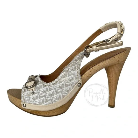 Dior Horsebit Logo Platform Sling Back Open Toe Sandals 38 Canvas Gold