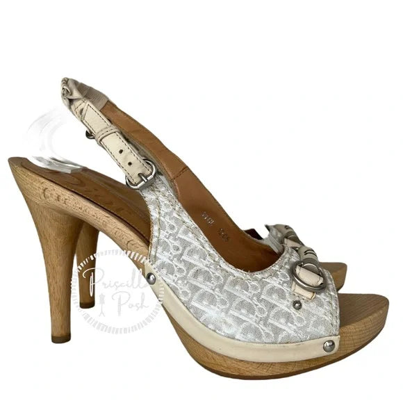 Dior Horsebit Logo Platform Sling Back Open Toe Sandals 38 Canvas Gold