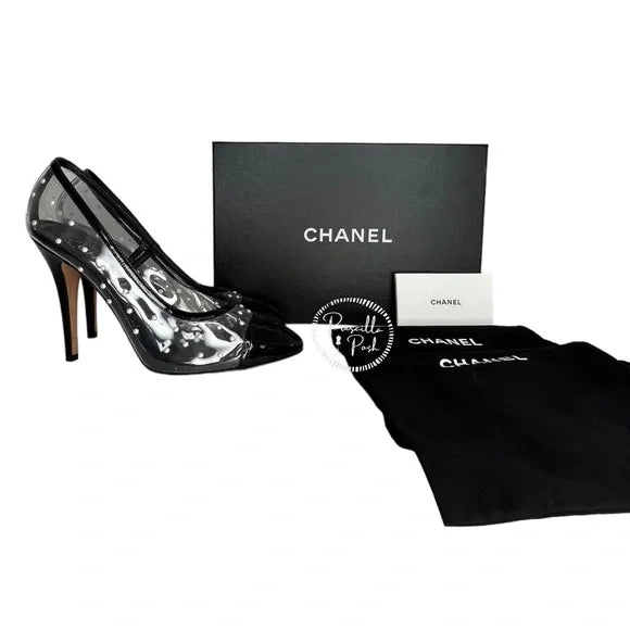 Chanel Black Patent Pvc Clear Transparent CC Pearl Sandal Stiletto Heel Pumps Size 40