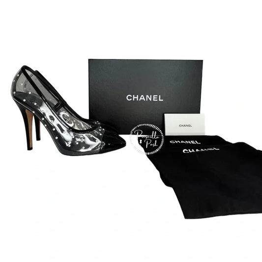 Chanel Black Patent Pvc Clear Transparent CC Pearl Sandal Stiletto Heel Pumps Size 40