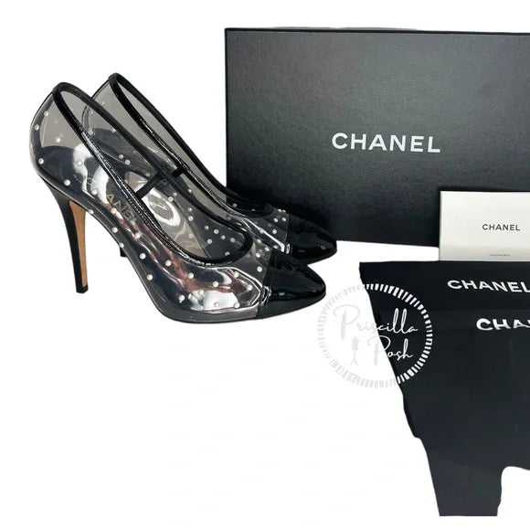 Chanel Black Patent Pvc Clear Transparent CC Pearl Sandal Stiletto Heel Pumps Size 40
