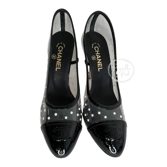 Chanel Black Patent Pvc Clear Transparent CC Pearl Sandal Stiletto Heel Pumps Size 40