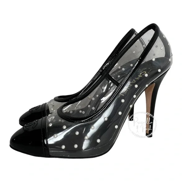 Chanel Black Patent Pvc Clear Transparent CC Pearl Sandal Stiletto Heel Pumps Size 40