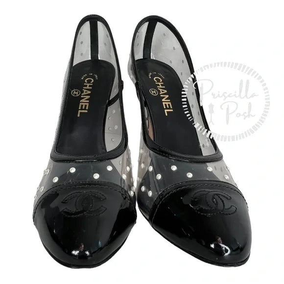 Chanel Black Patent Pvc Clear Transparent CC Pearl Sandal Stiletto Heel Pumps Size 40
