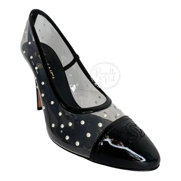 Chanel Black Patent Pvc Clear Transparent CC Pearl Sandal Stiletto Heel Pumps Size 40