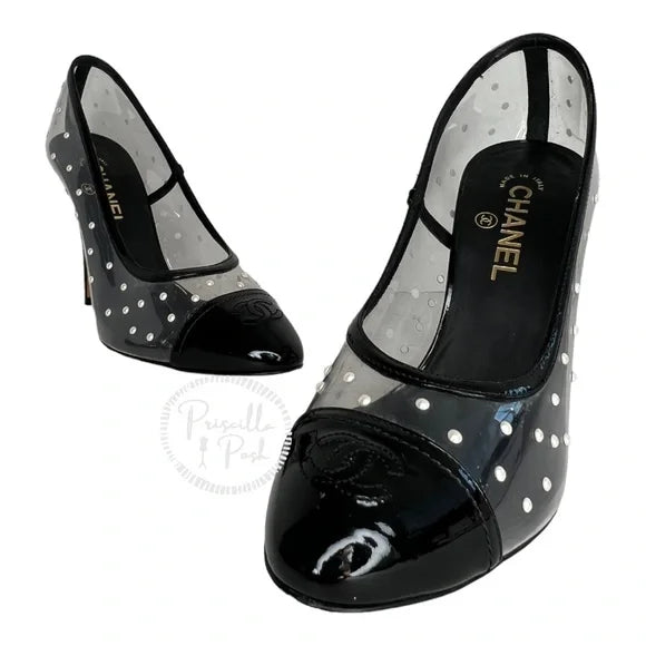 Chanel Black Patent Pvc Clear Transparent CC Pearl Sandal Stiletto Heel Pumps Size 40