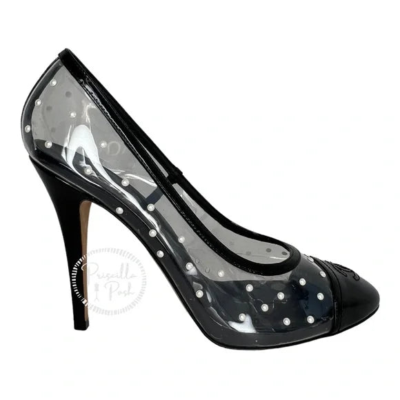 Chanel Black Patent Pvc Clear Transparent CC Pearl Sandal Stiletto Heel Pumps Size 40