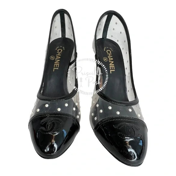 Chanel Black Patent Pvc Clear Transparent CC Pearl Sandal Stiletto Heel Pumps Size 40