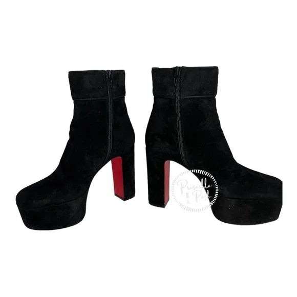 Christian Louboutin black suede platform ankle boot block heel square toe 35