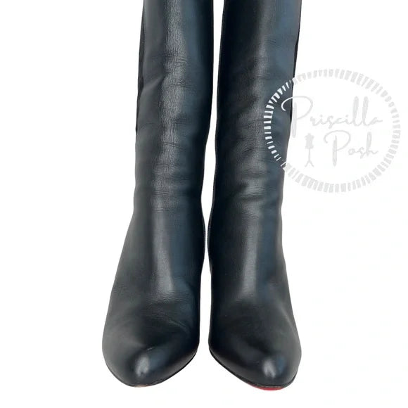 Christian Louboutin Black Leather and Suede Knee High Heeled Boots 38.5