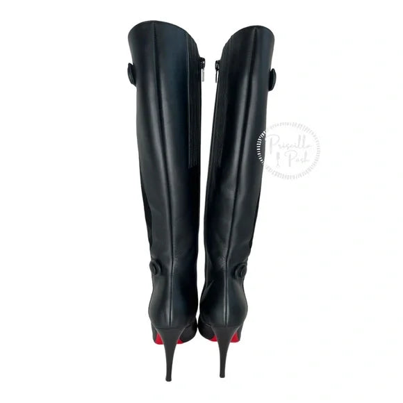Christian Louboutin Black Leather and Suede Knee High Heeled Boots 38.5
