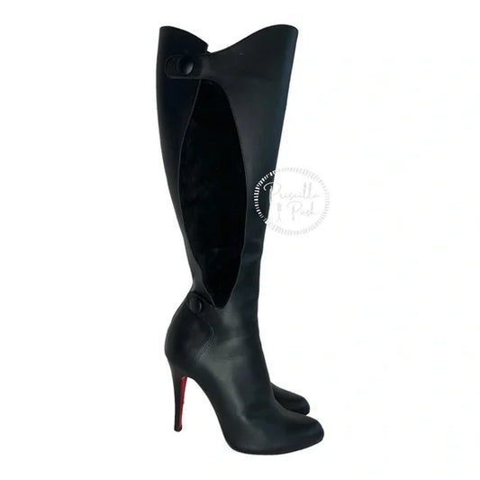 Christian Louboutin Black Leather and Suede Knee High Heeled Boots 38.5