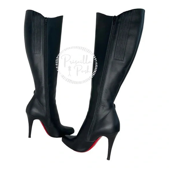 Christian Louboutin Black Leather and Suede Knee High Heeled Boots 38.5