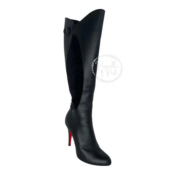 Christian Louboutin Black Leather and Suede Knee High Heeled Boots 38.5