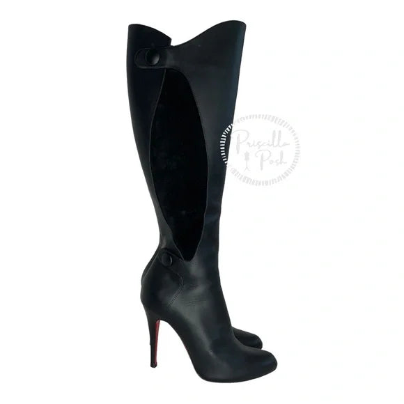 Christian Louboutin Black Leather and Suede Knee High Heeled Boots 38.5