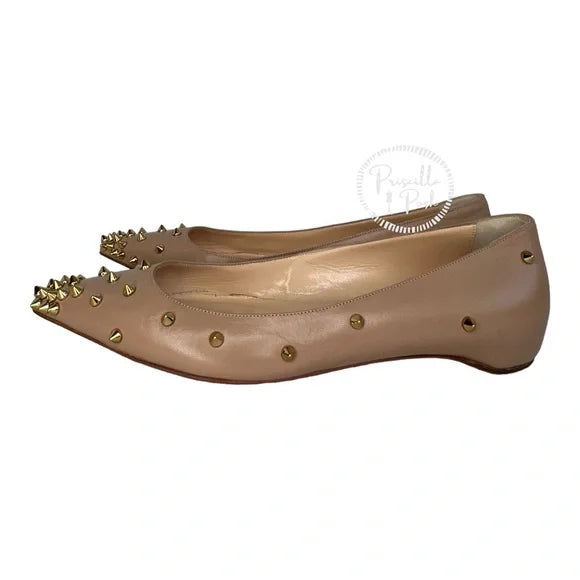 Christian Louboutin Degraspike Studded Point-Toe Red Sole Flat, Neutral Gold 38