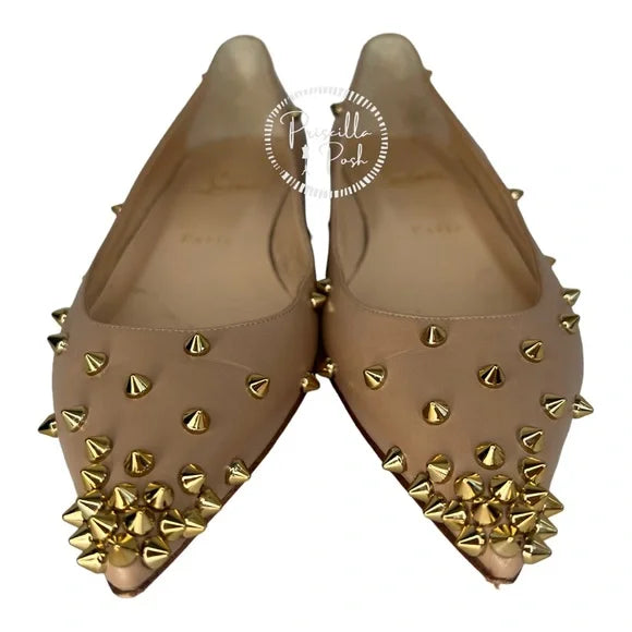 Christian Louboutin Degraspike Studded Point-Toe Red Sole Flat, Neutral Gold 38