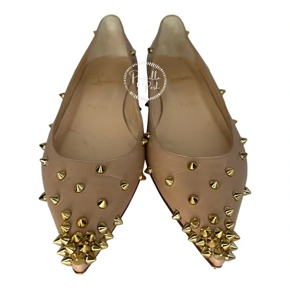 Christian Louboutin Degraspike Studded Point-Toe Red Sole Flat, Neutral Gold 38