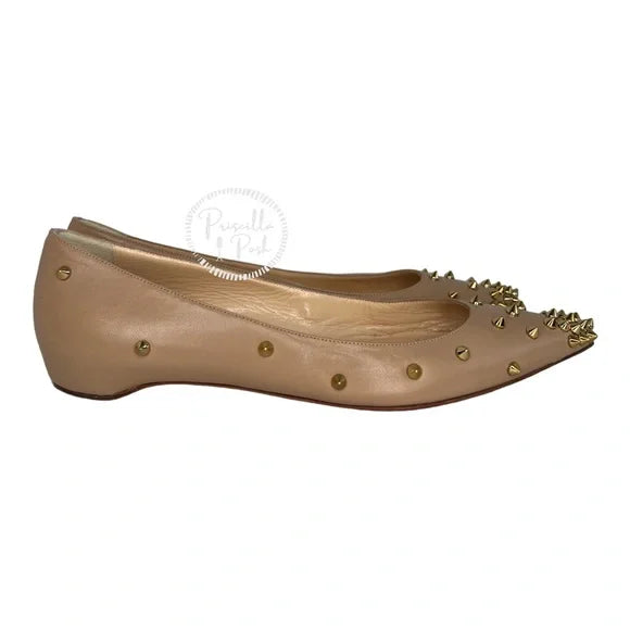Christian Louboutin Degraspike Studded Point-Toe Red Sole Flat, Neutral Gold 38