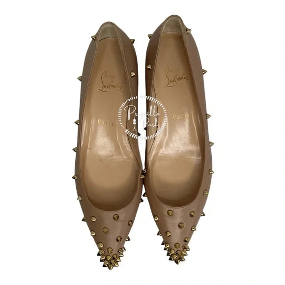 Christian Louboutin Degraspike Studded Point-Toe Red Sole Flat, Neutral Gold 38