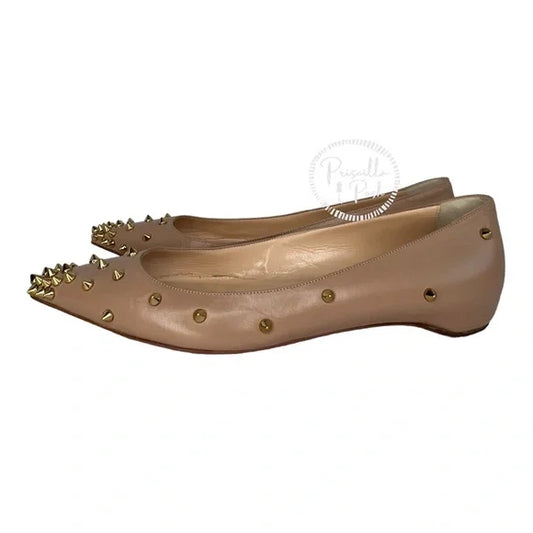 Christian Louboutin Degraspike Studded Point-Toe Red Sole Flat, Neutral Gold 38