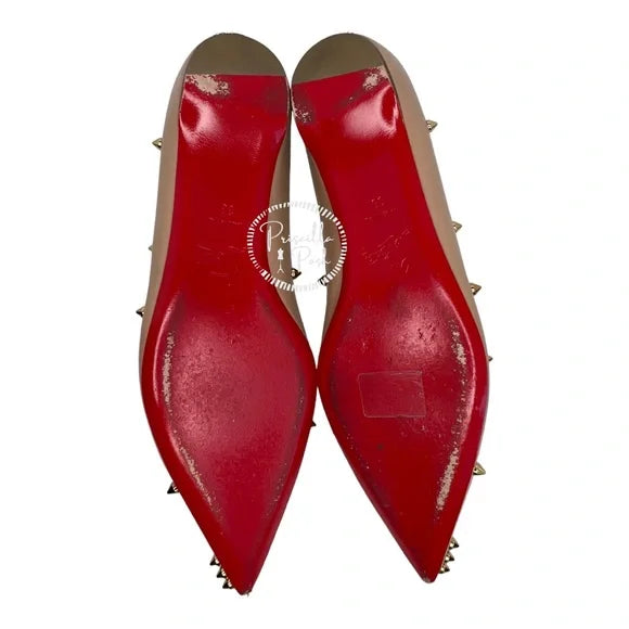 Christian Louboutin Degraspike Studded Point-Toe Red Sole Flat, Neutral Gold 38