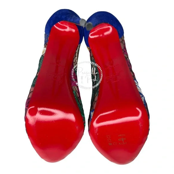 NEW Christian Louboutin Floral Embroidered Heels Pumps Peep Toe Platform Blue 37