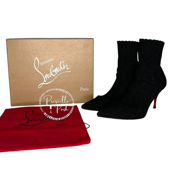 Christian Louboutin Sandrine Glitter Sock Boots Black Knit Ankle Boots 39.5