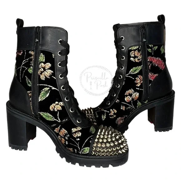 Christian Louboutin Croc Floral Studded Hiking Ankle Boots Black Spike Studded 37
