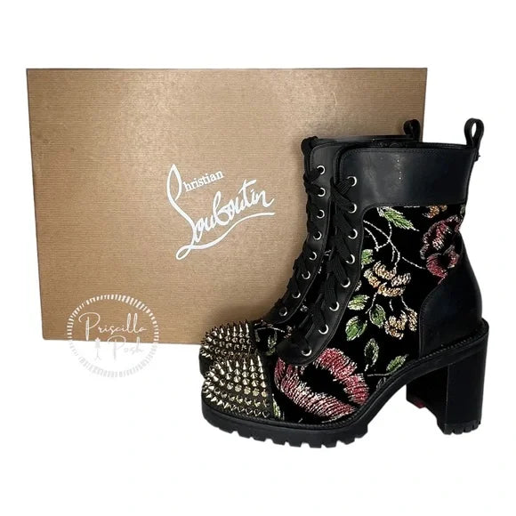 Christian Louboutin Croc Floral Studded Hiking Ankle Boots Black