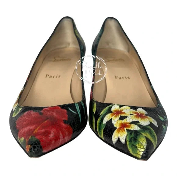 Christian Louboutin Pigalle Follies 55 Hawaii Pumps tropical floral flower heels 38