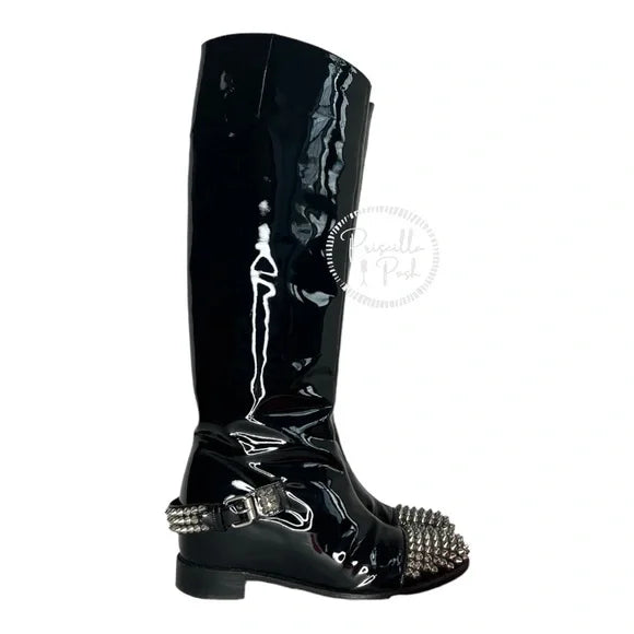 Christian Louboutin Egoutina Calfskin black Patent leather Spike Boots Combat 36