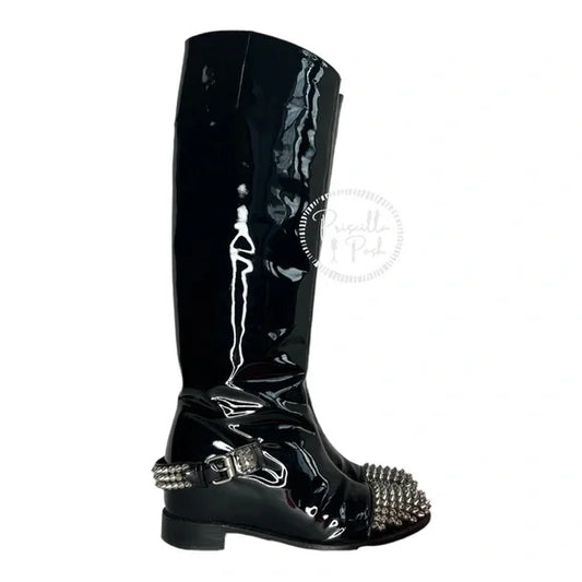 Christian Louboutin Egoutina Calfskin black Patent leather Spike Boots Combat 36