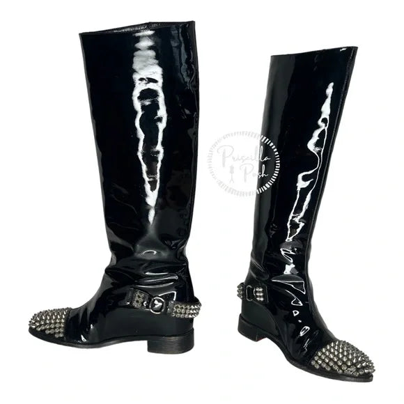 Christian Louboutin Egoutina Calfskin black Patent leather Spike Boots Combat 36