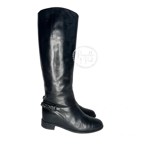 Christian Louboutin Black Leather Knee High Silver Chain Combat Boot Rubber Sole 37